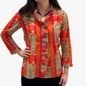 Liza Byrd Bessie Ruffle Blouse in Tangerine and Pink StripTiger Print Size S